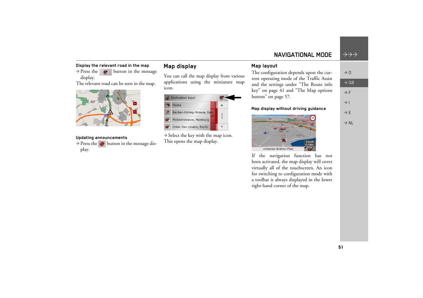 Display the relevant road in the map, Updating announcements, Map display | Map layout, Map display without driving guidance | Becker TRAFFIC ASSIST Z101 User Manual | Page 51 / 68