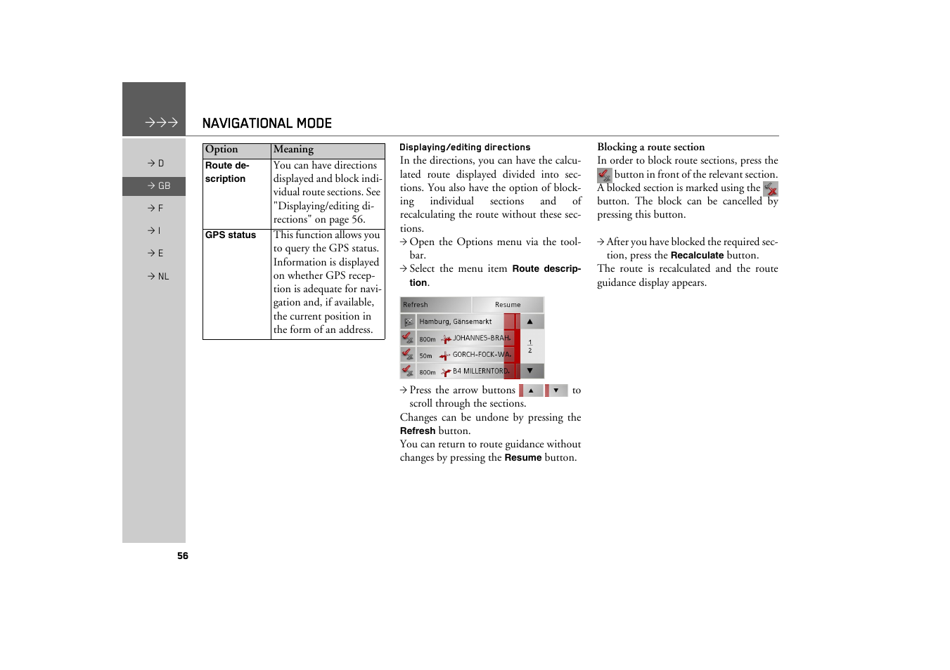 Displaying/editing directions, Navigational mode | Becker TRAFFIC ASSIST Z101 User Manual | Page 56 / 68
