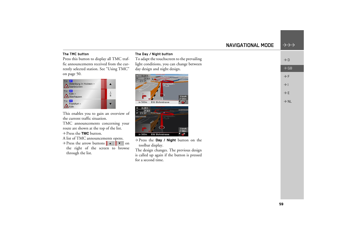 The tmc button, The day / night button, Navigational mode | Becker TRAFFIC ASSIST Z101 User Manual | Page 59 / 68