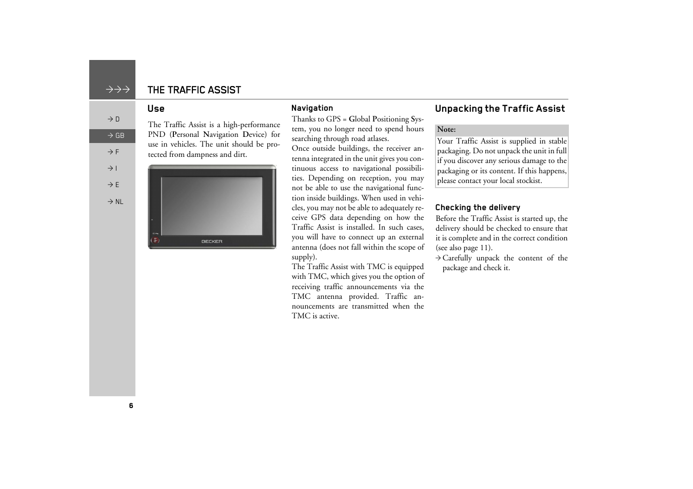 The traffic assist, Navigation, Unpacking the traffic assist | Checking the delivery | Becker TRAFFIC ASSIST Z101 User Manual | Page 6 / 68