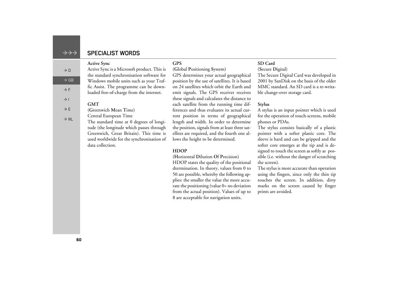 Specialist words | Becker TRAFFIC ASSIST Z101 User Manual | Page 60 / 68