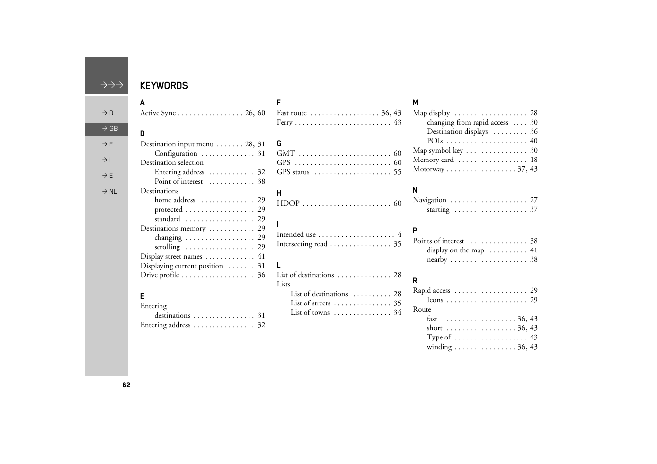 Keywords | Becker TRAFFIC ASSIST Z101 User Manual | Page 62 / 68