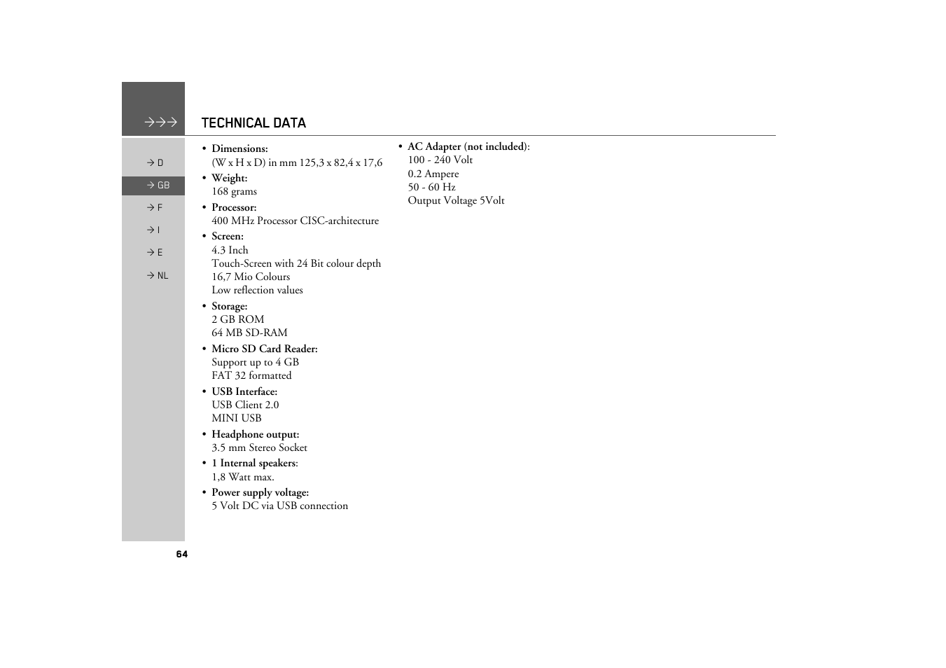 Technical data | Becker TRAFFIC ASSIST Z101 User Manual | Page 64 / 68