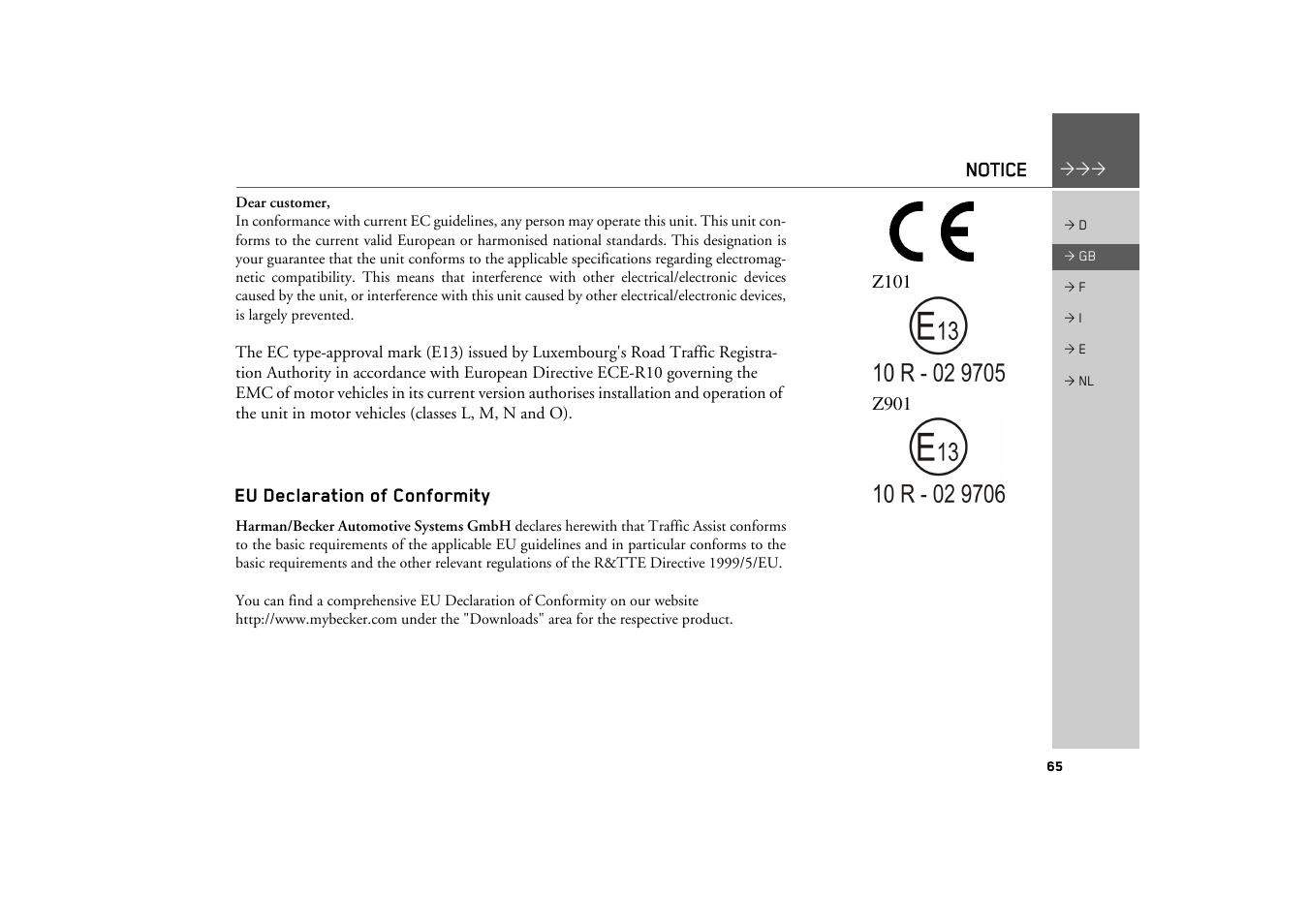 Notice, Eu declaration of conformity | Becker TRAFFIC ASSIST Z101 User Manual | Page 65 / 68