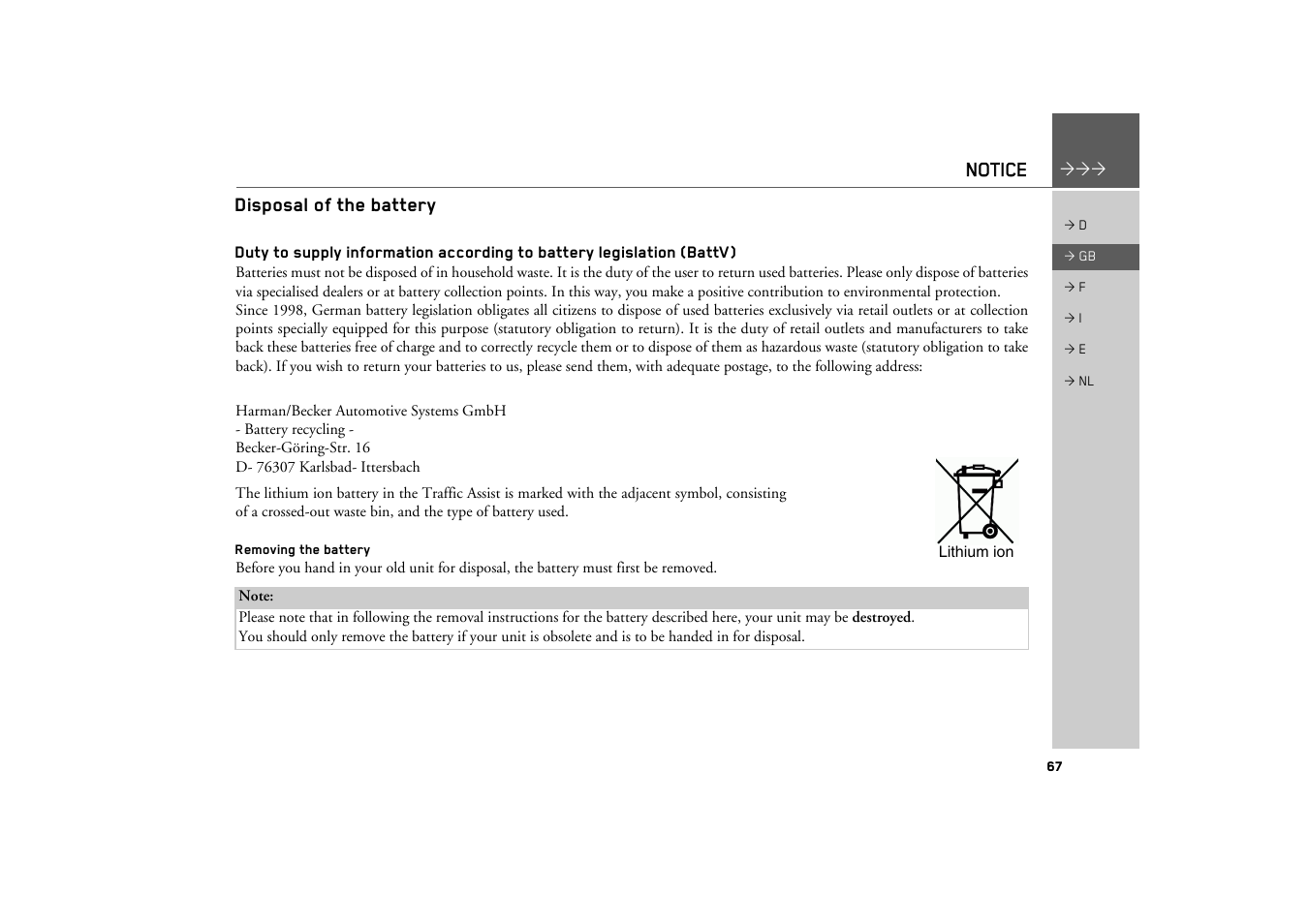 Disposal of the battery, Removing the battery | Becker TRAFFIC ASSIST Z101 User Manual | Page 67 / 68