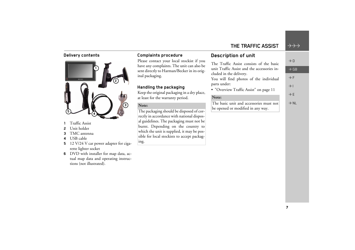 Delivery contents, Complaints procedure, Handling the packaging | Description of unit, The traffic assist | Becker TRAFFIC ASSIST Z101 User Manual | Page 7 / 68