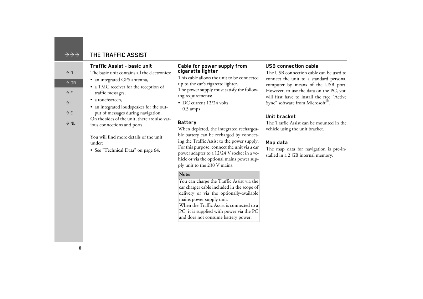 Traffic assist - basic unit, Cable for power supply from cigarette lighter, Battery | Usb connection cable, Unit bracket, Map data | Becker TRAFFIC ASSIST Z101 User Manual | Page 8 / 68