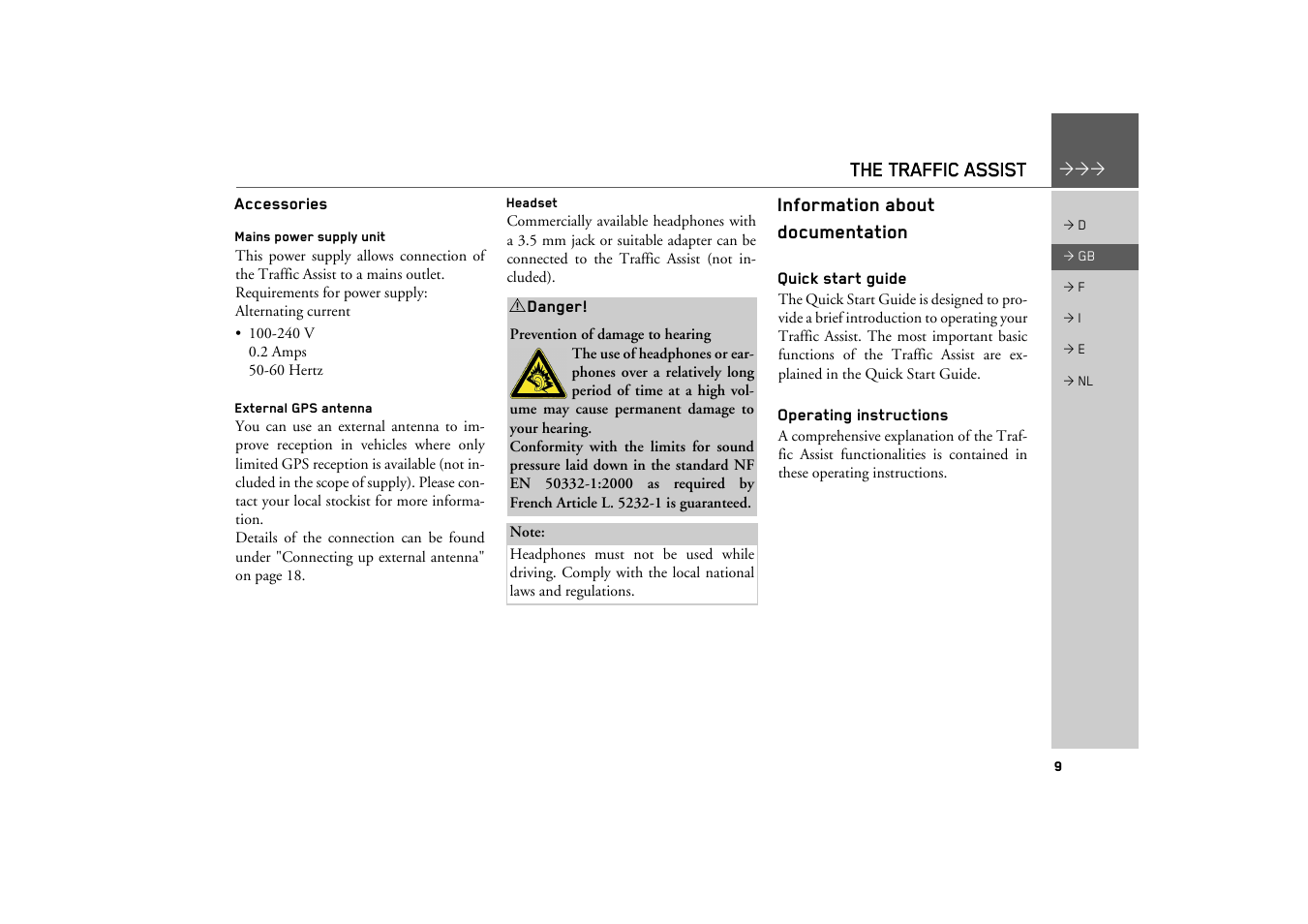 Accessories, Mains power supply unit, External gps antenna | Headset, Information about documentation, Quick start guide, Operating instructions | Becker TRAFFIC ASSIST Z101 User Manual | Page 9 / 68