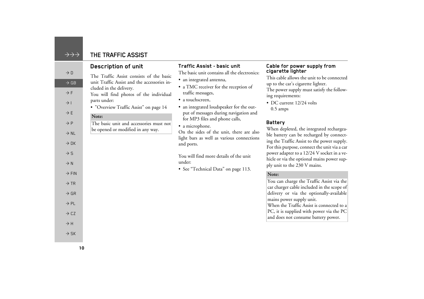 Description of unit, Traffic assist - basic unit, Cable for power supply from cigarette lighter | Battery, The traffic assist | Becker TRAFFIC ASSIST Z200 User Manual | Page 10 / 117