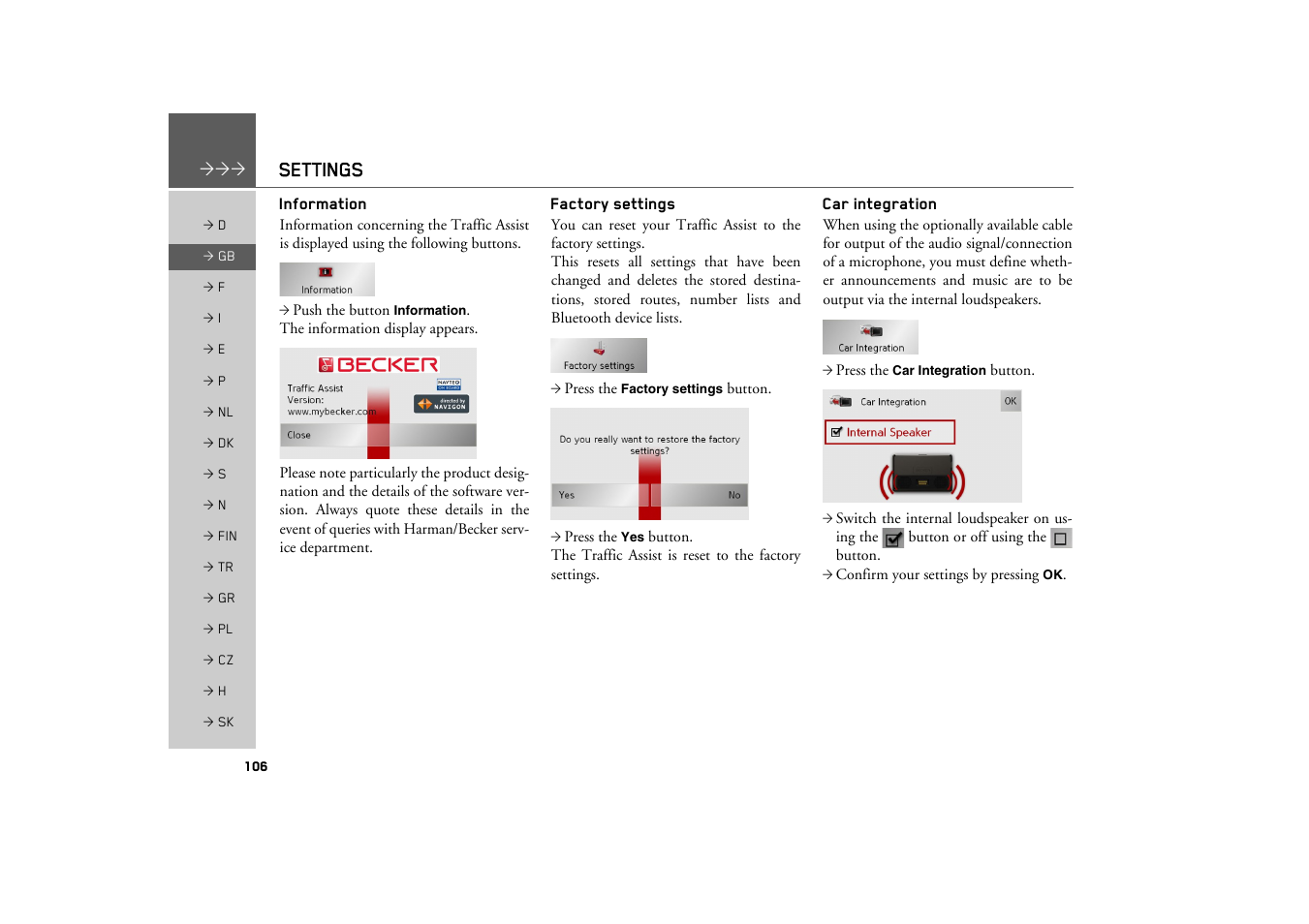 Information, Factory settings, Car integration | Settings | Becker TRAFFIC ASSIST Z200 User Manual | Page 106 / 117