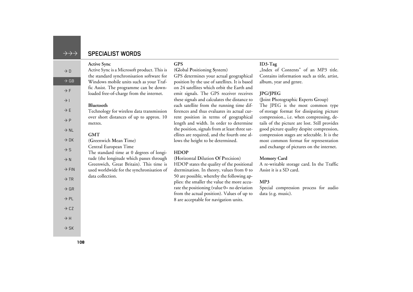 Specialist words | Becker TRAFFIC ASSIST Z200 User Manual | Page 108 / 117