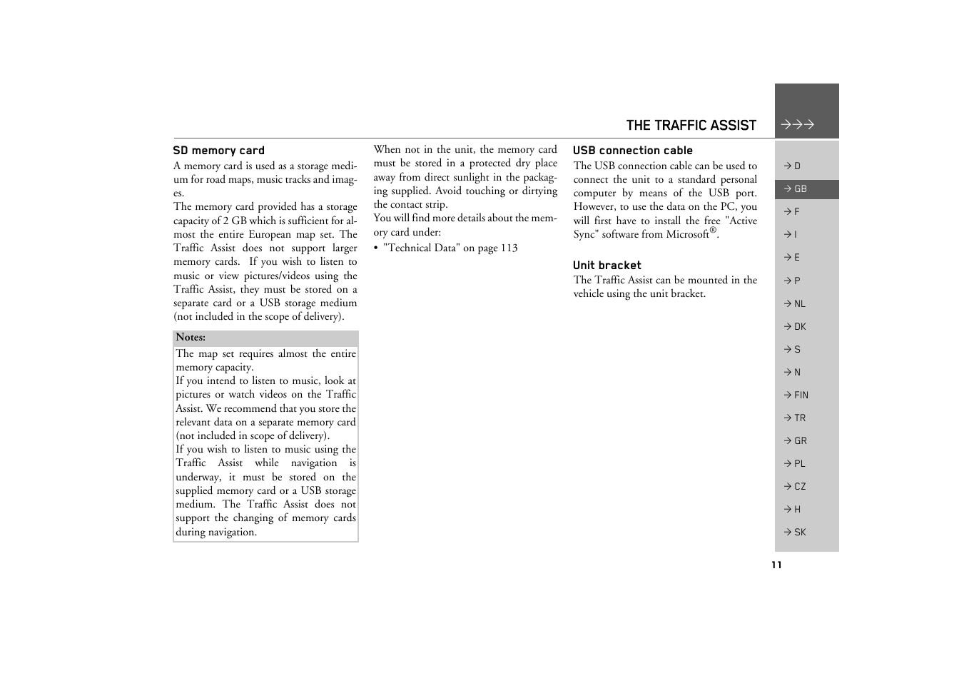 Sd memory card, Usb connection cable, Unit bracket | The traffic assist | Becker TRAFFIC ASSIST Z200 User Manual | Page 11 / 117