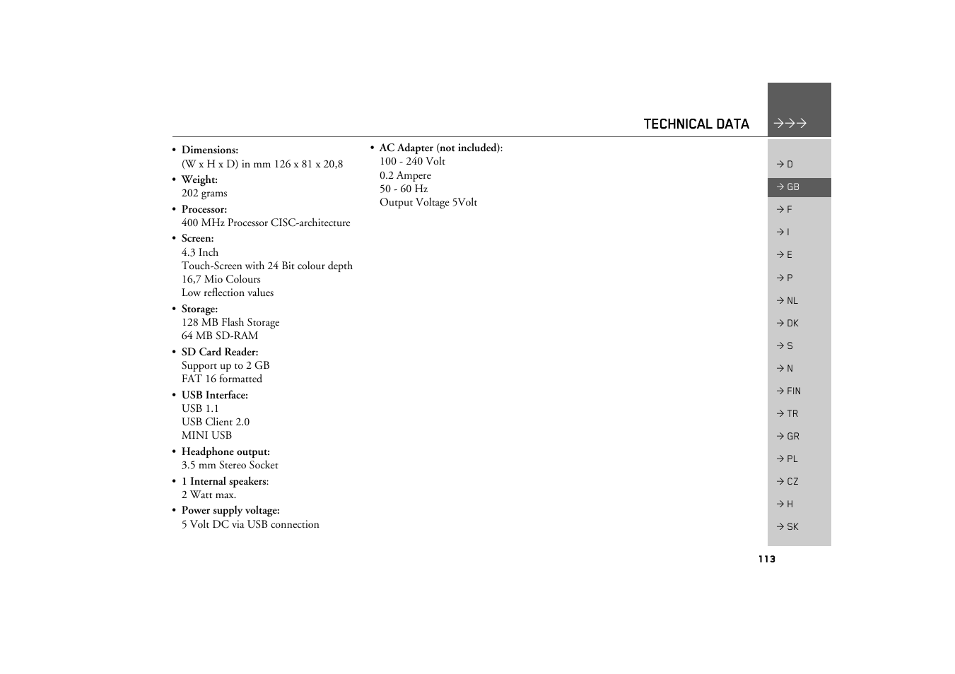 Technical data | Becker TRAFFIC ASSIST Z200 User Manual | Page 113 / 117