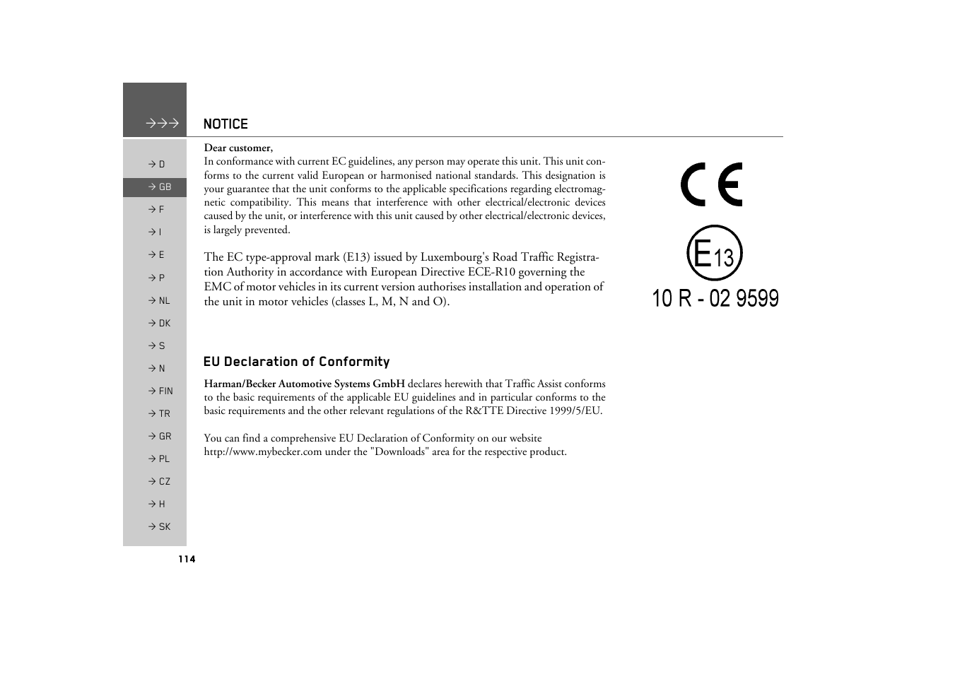 Notice, Eu declaration of conformity | Becker TRAFFIC ASSIST Z200 User Manual | Page 114 / 117