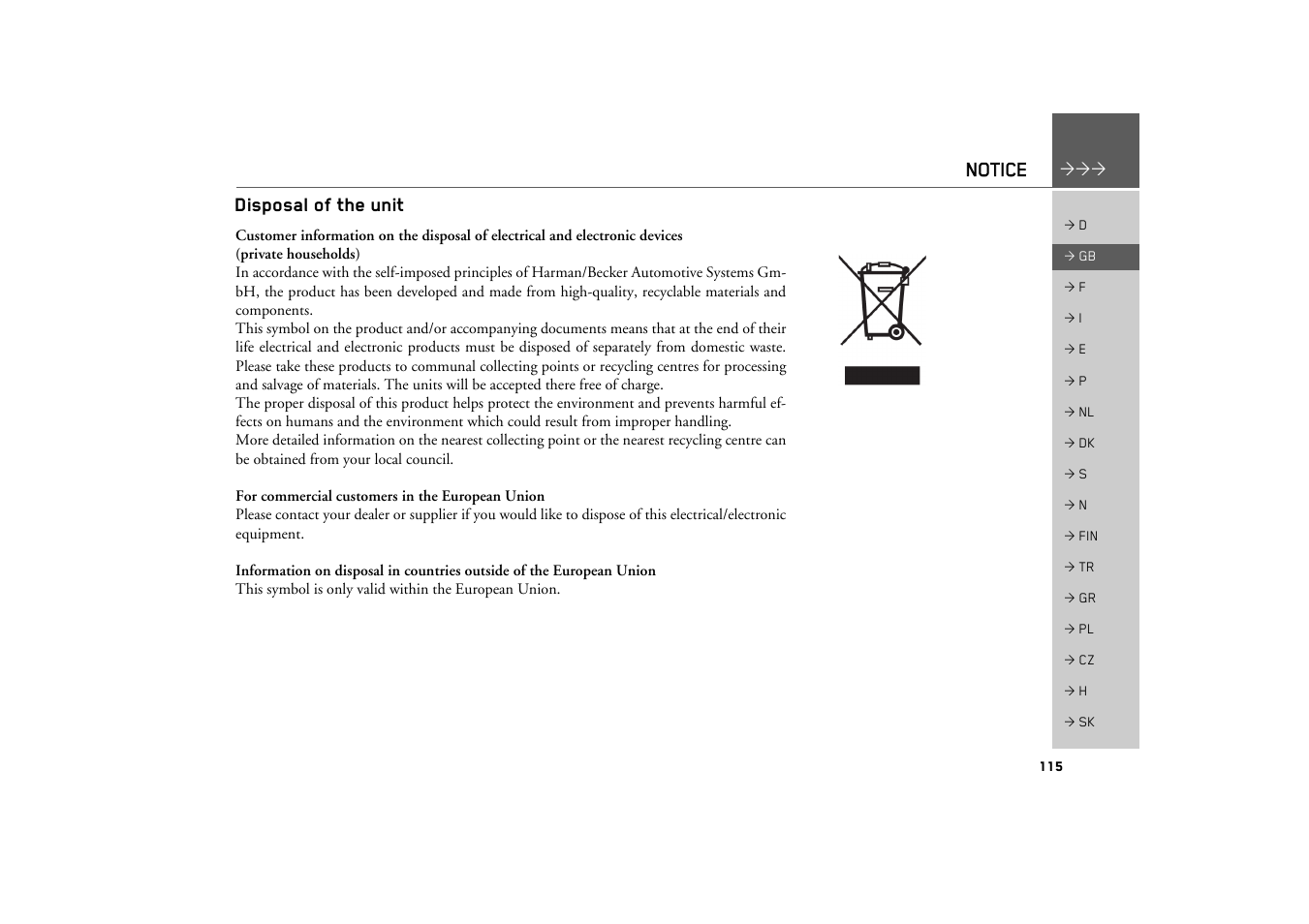 Disposal of the unit, Notice | Becker TRAFFIC ASSIST Z200 User Manual | Page 115 / 117