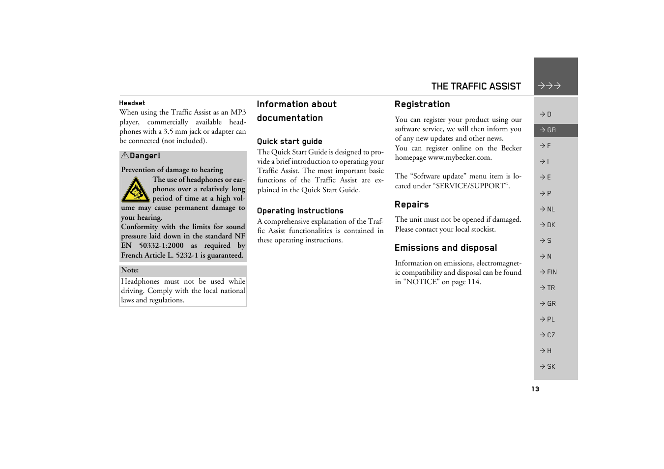 Headset, Information about documentation, Quick start guide | Operating instructions, Registration, Repairs, Emissions and disposal | Becker TRAFFIC ASSIST Z200 User Manual | Page 13 / 117