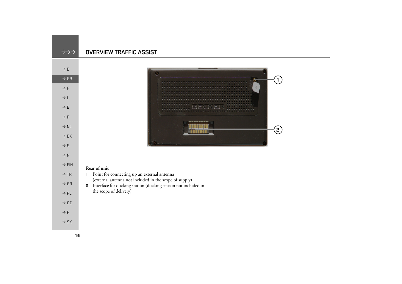 Overview traffic assist | Becker TRAFFIC ASSIST Z200 User Manual | Page 16 / 117