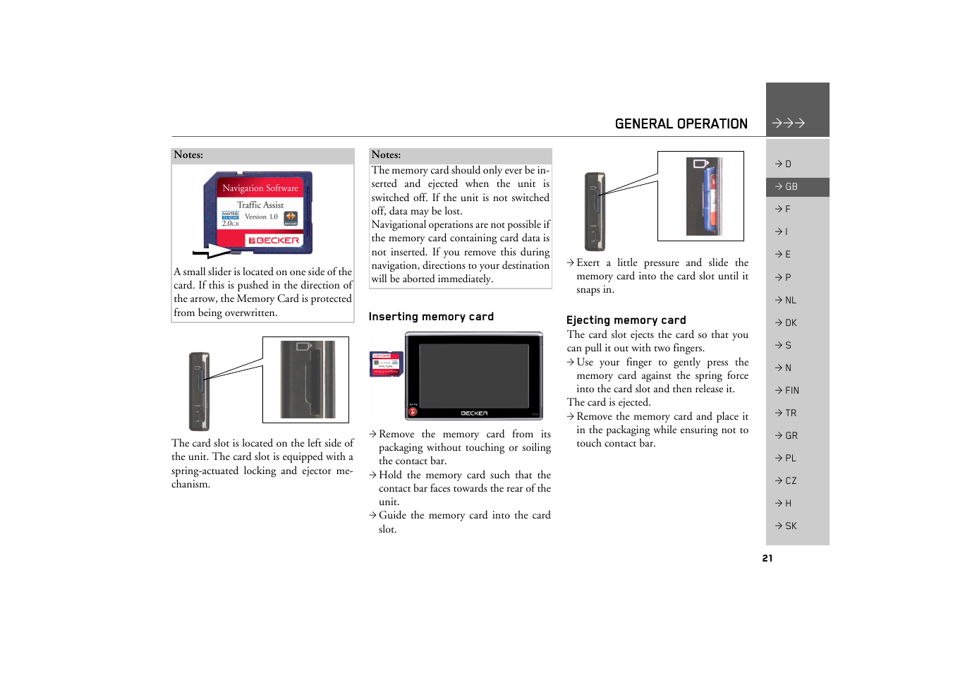 Inserting memory card, Ejecting memory card, General operation | Becker TRAFFIC ASSIST Z200 User Manual | Page 21 / 117