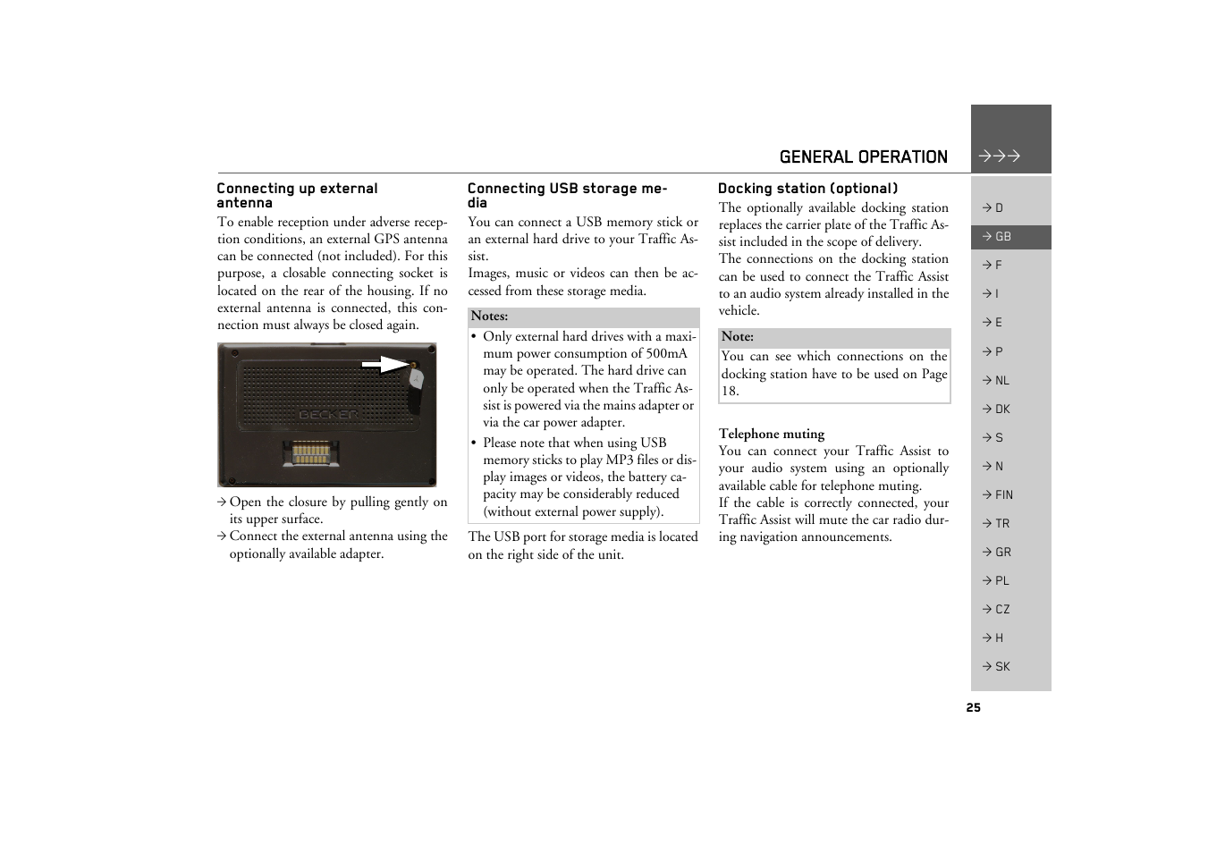 Connecting up external antenna, Connecting usb storage media, Docking station (optional) | General operation | Becker TRAFFIC ASSIST Z200 User Manual | Page 25 / 117