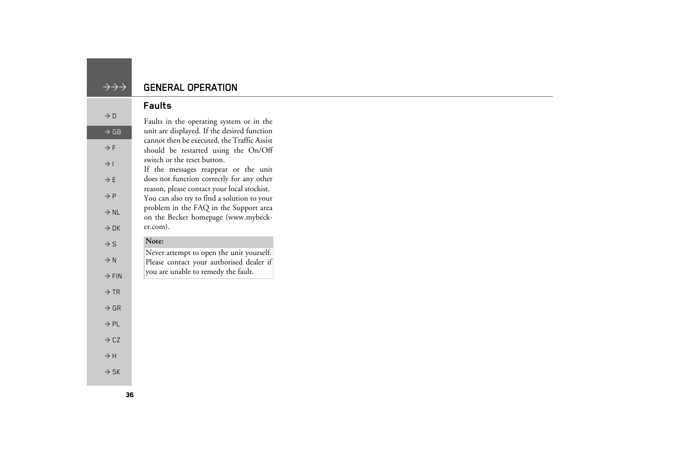 Faults, General operation | Becker TRAFFIC ASSIST Z200 User Manual | Page 36 / 117