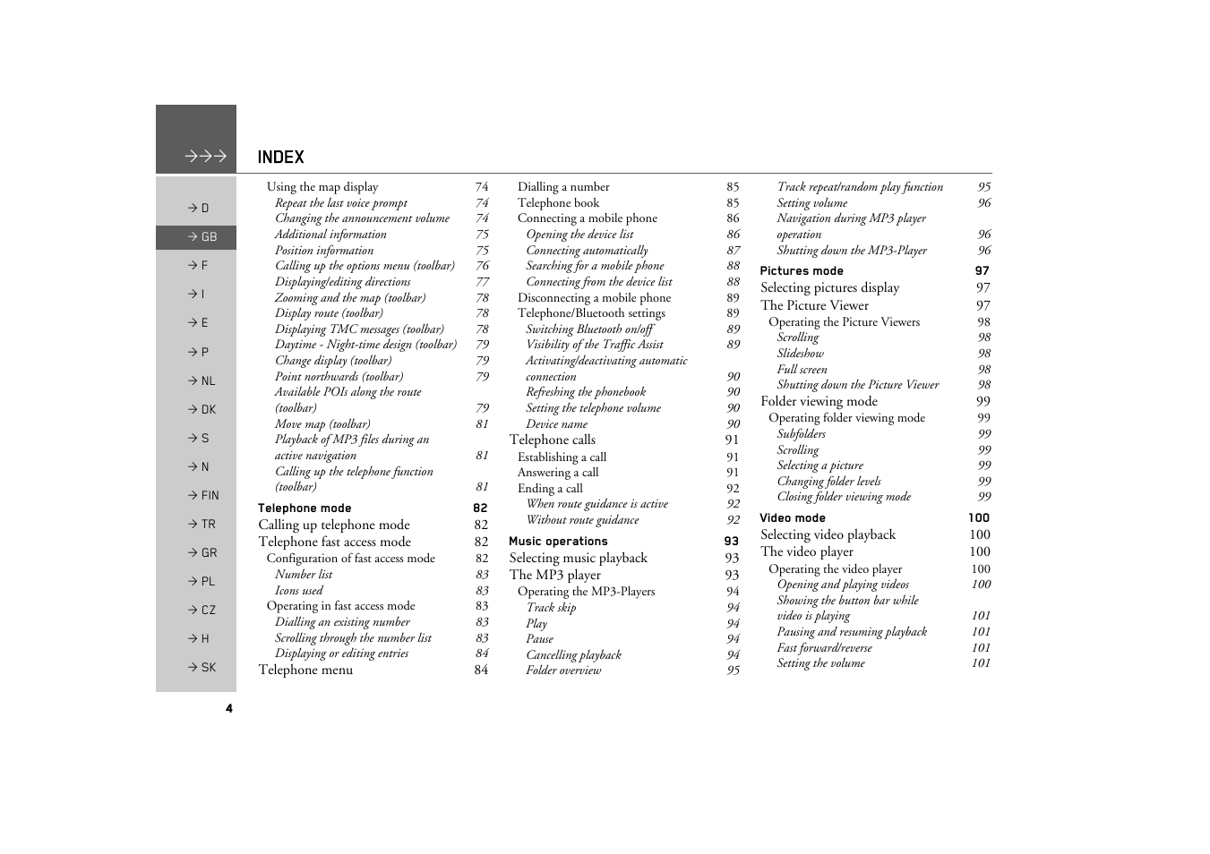 Index | Becker TRAFFIC ASSIST Z200 User Manual | Page 4 / 117