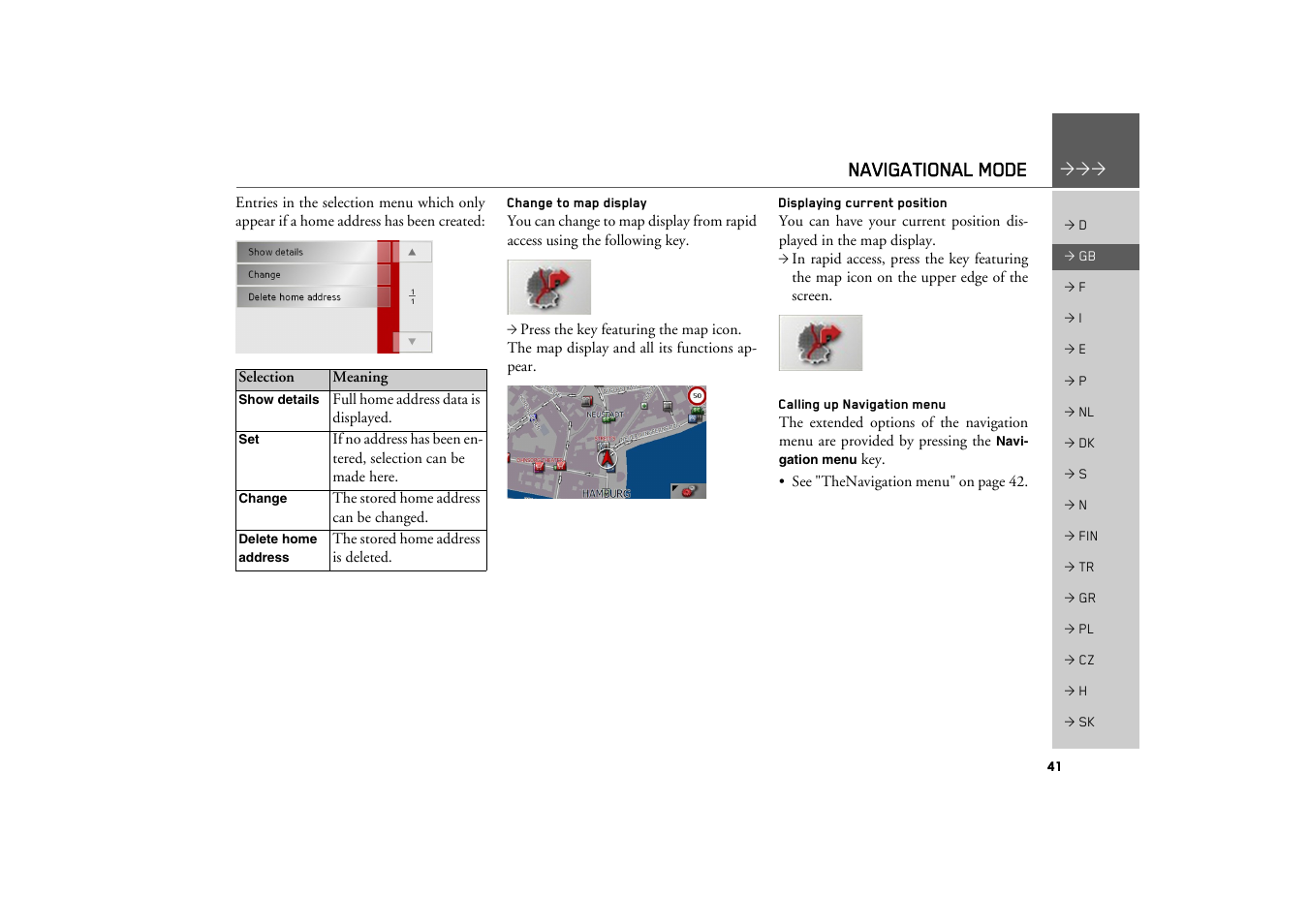 Change to map display, Displaying current position, Calling up navigation menu | Navigational mode | Becker TRAFFIC ASSIST Z200 User Manual | Page 41 / 117