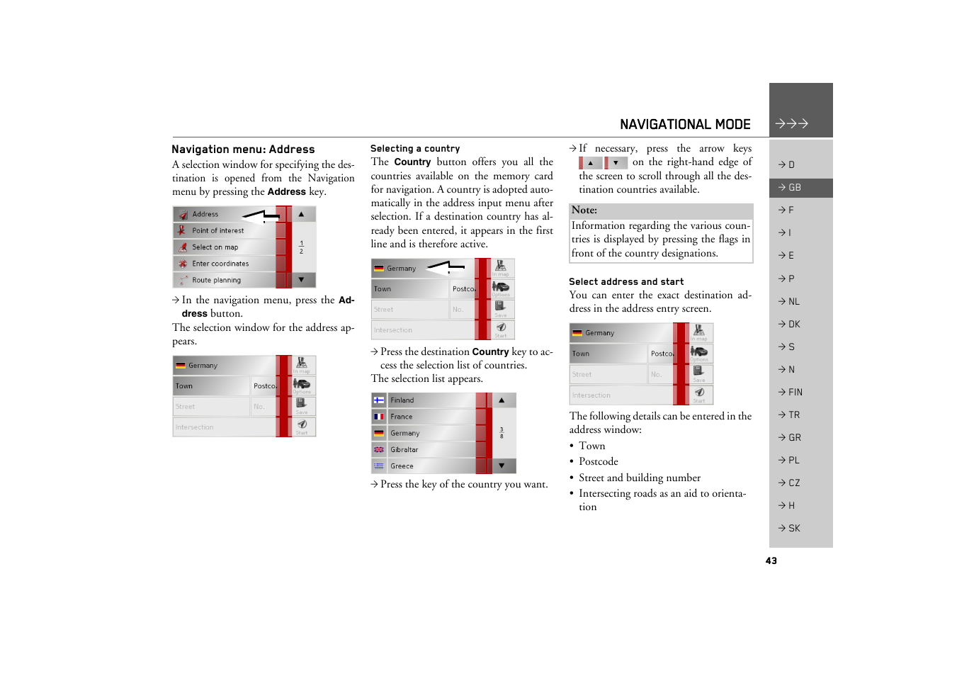 Navigation menu: address, Selecting a country, Select address and start | See "navigation menu: address" on, Navigational mode | Becker TRAFFIC ASSIST Z200 User Manual | Page 43 / 117