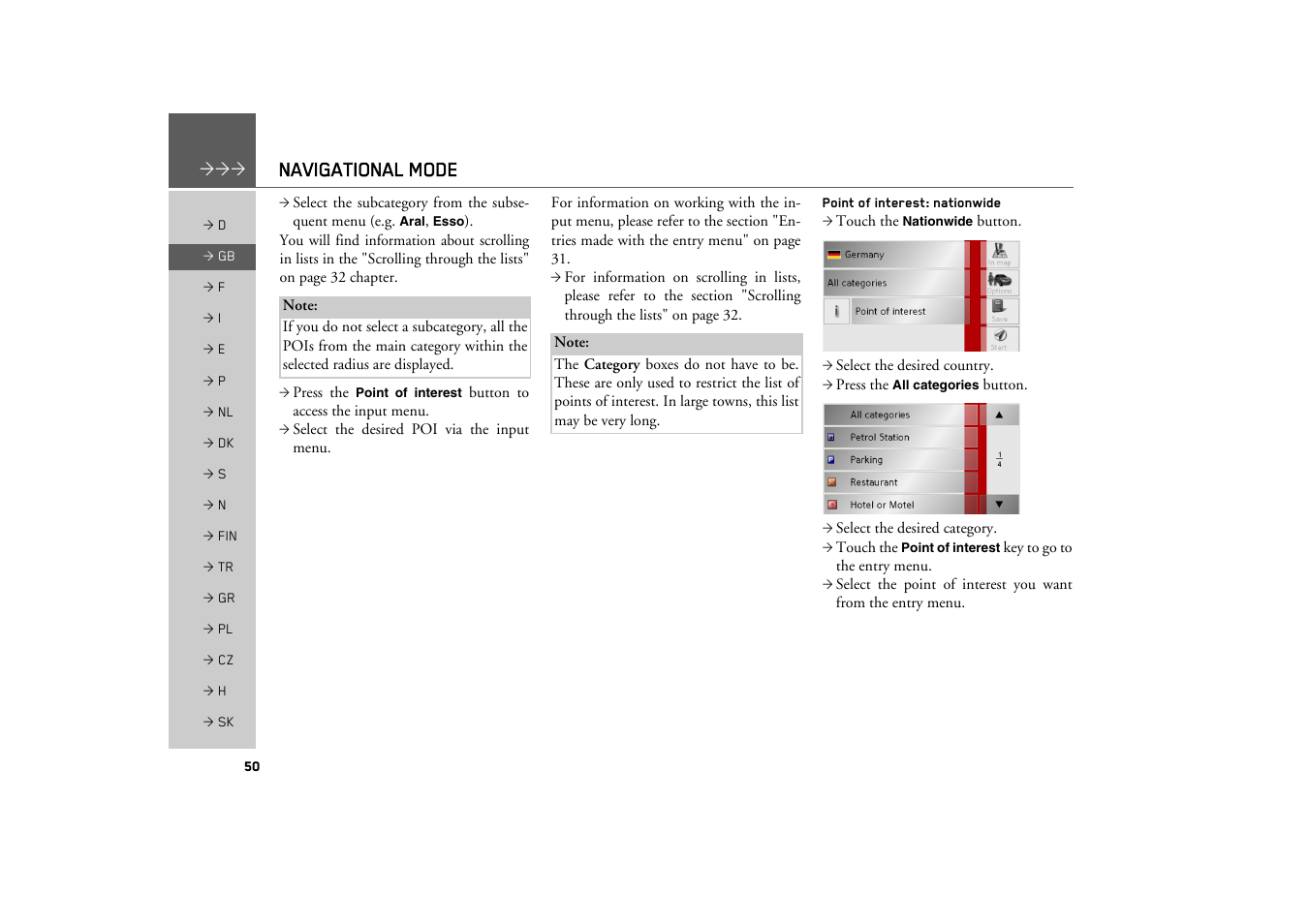 Point of interest: nationwide, Navigational mode | Becker TRAFFIC ASSIST Z200 User Manual | Page 50 / 117