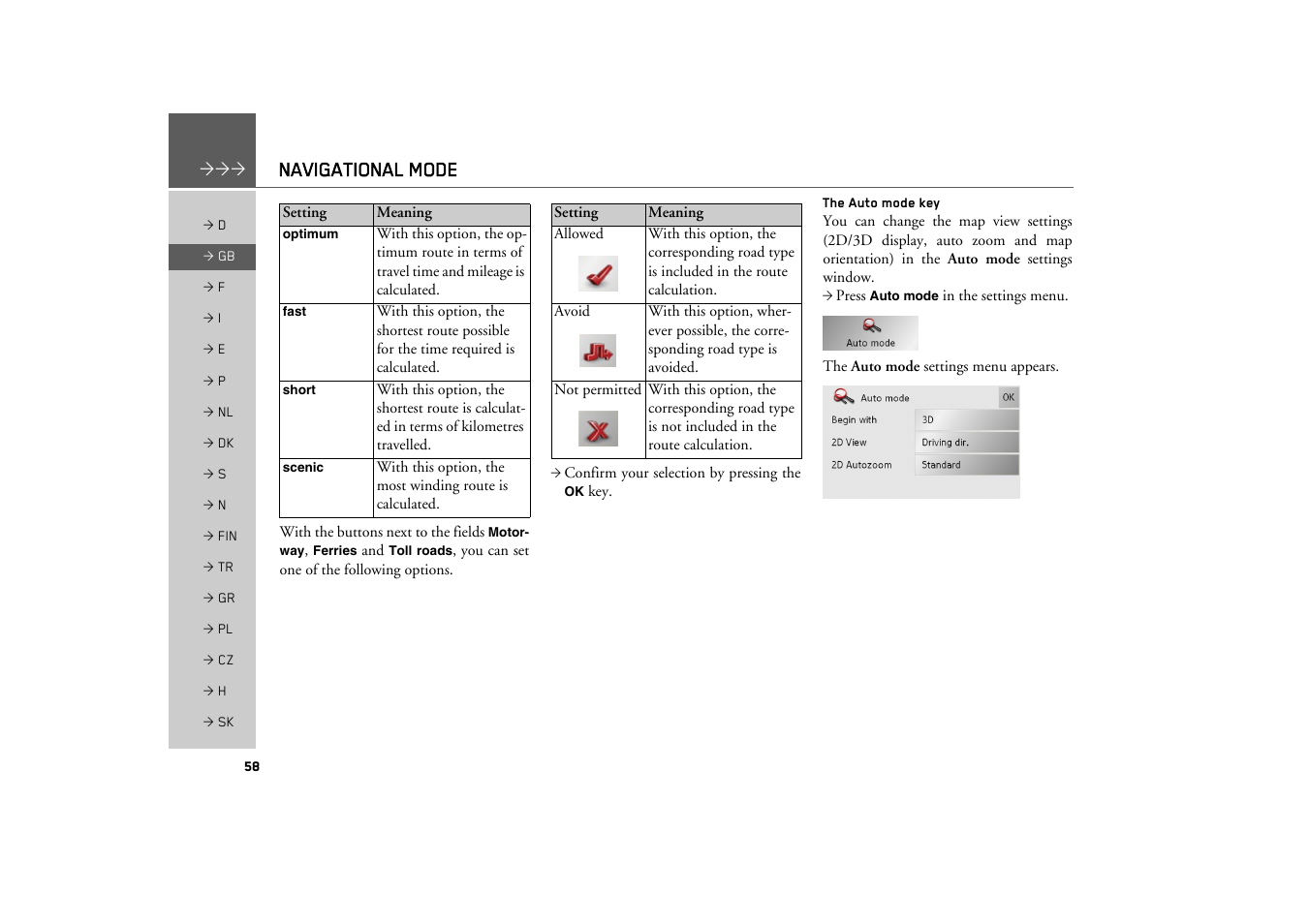 The auto mode key, Navigational mode | Becker TRAFFIC ASSIST Z200 User Manual | Page 58 / 117