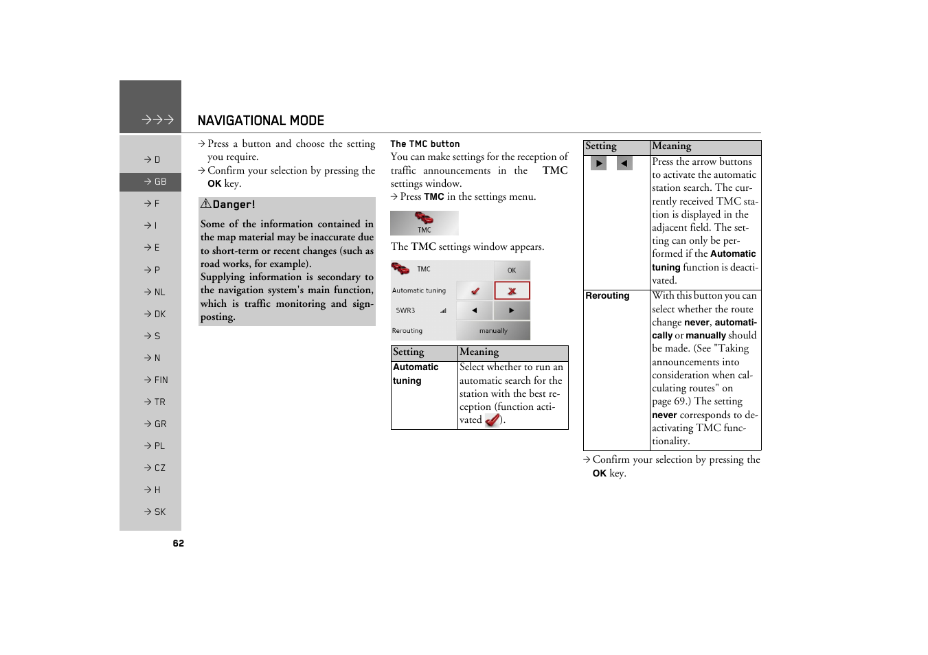 The tmc button, Navigational mode | Becker TRAFFIC ASSIST Z200 User Manual | Page 62 / 117