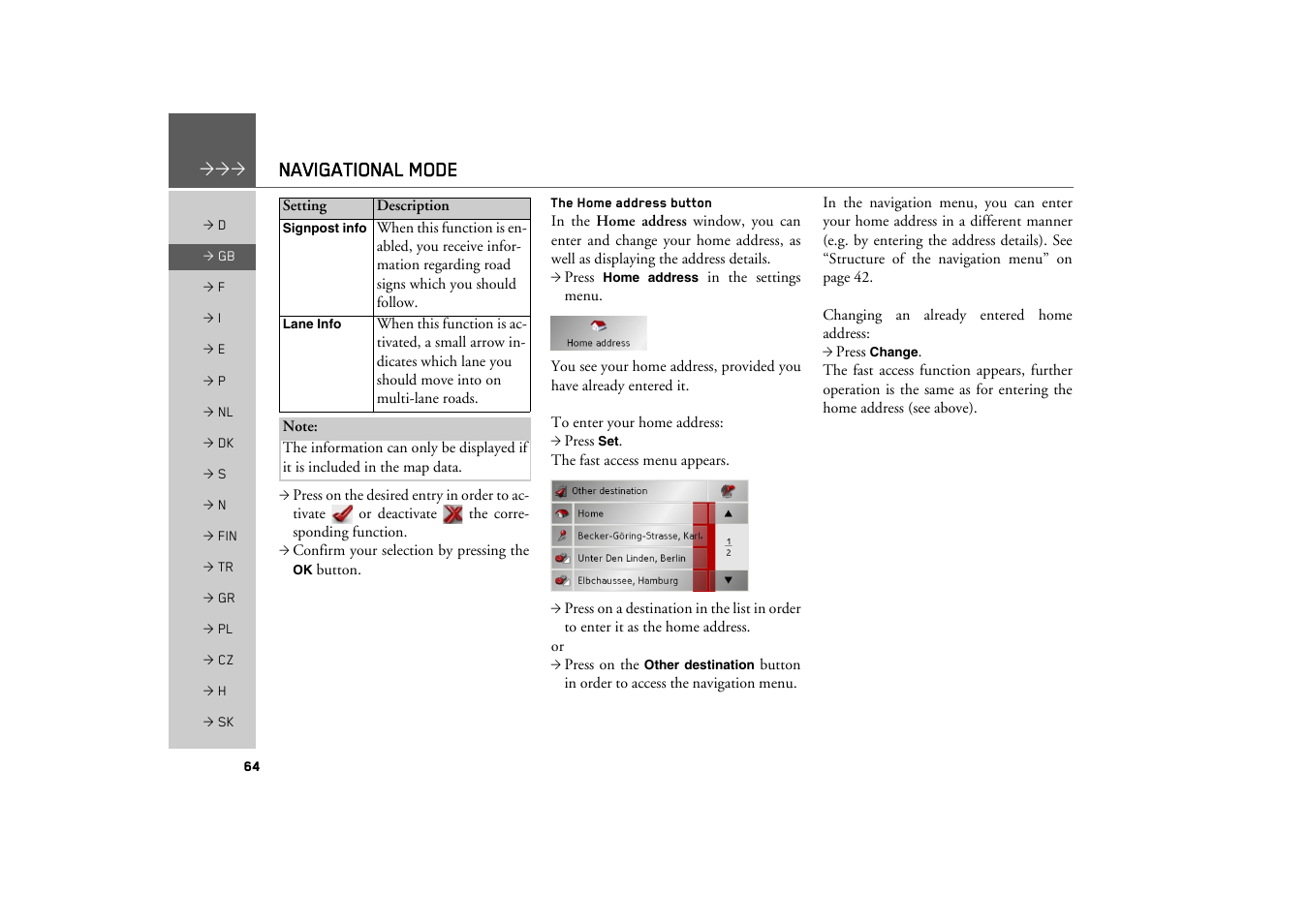 The home address button, Navigational mode | Becker TRAFFIC ASSIST Z200 User Manual | Page 64 / 117