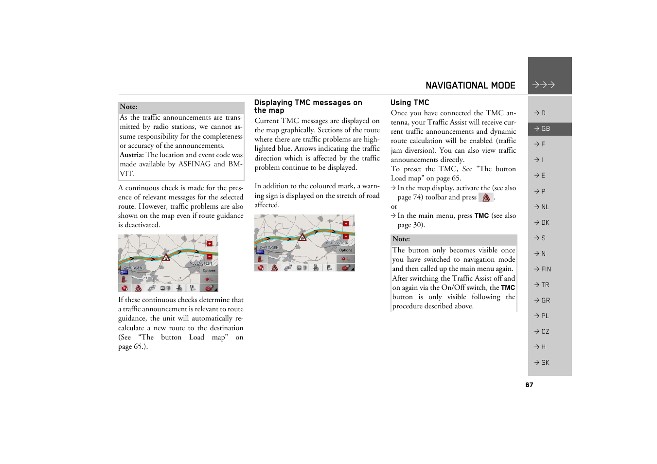 Displaying tmc messages on the map, Using tmc, Displaying tmc messages on the map 67 using tmc | Navigational mode | Becker TRAFFIC ASSIST Z200 User Manual | Page 67 / 117