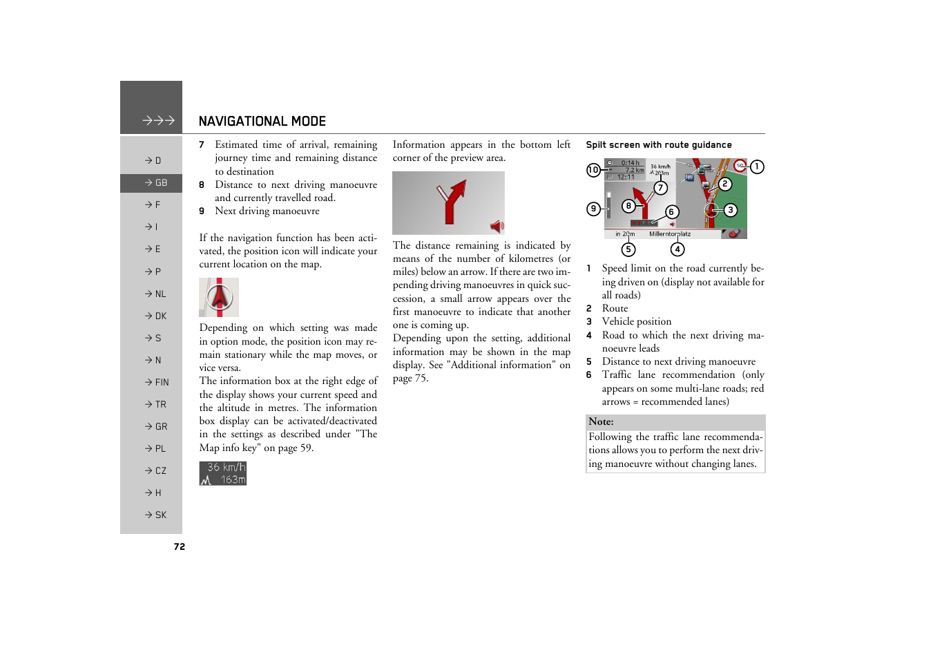 Spilt screen with route guidance, Navigational mode | Becker TRAFFIC ASSIST Z200 User Manual | Page 72 / 117