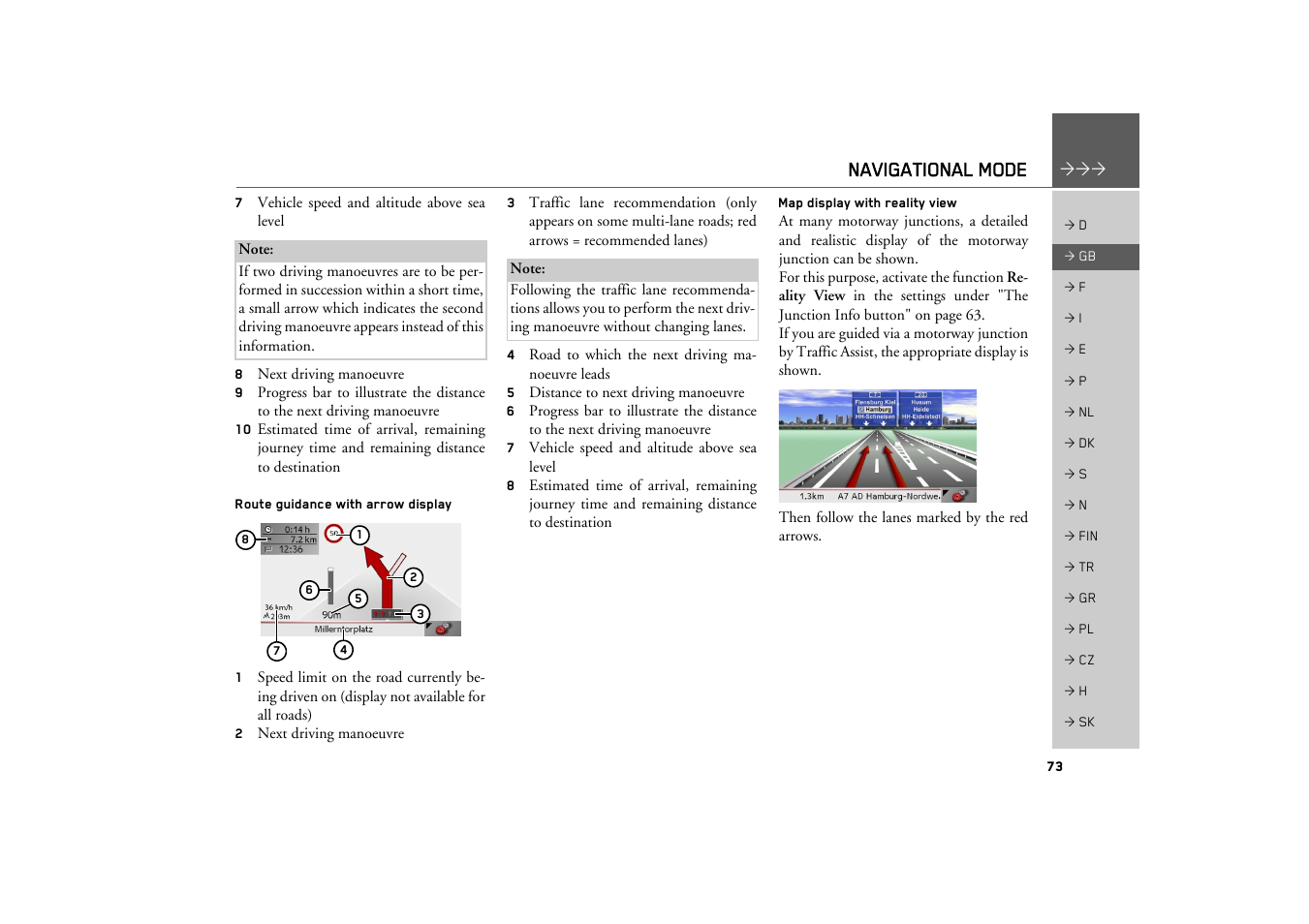 Route guidance with arrow display, Map display with reality view, Navigational mode | Becker TRAFFIC ASSIST Z200 User Manual | Page 73 / 117