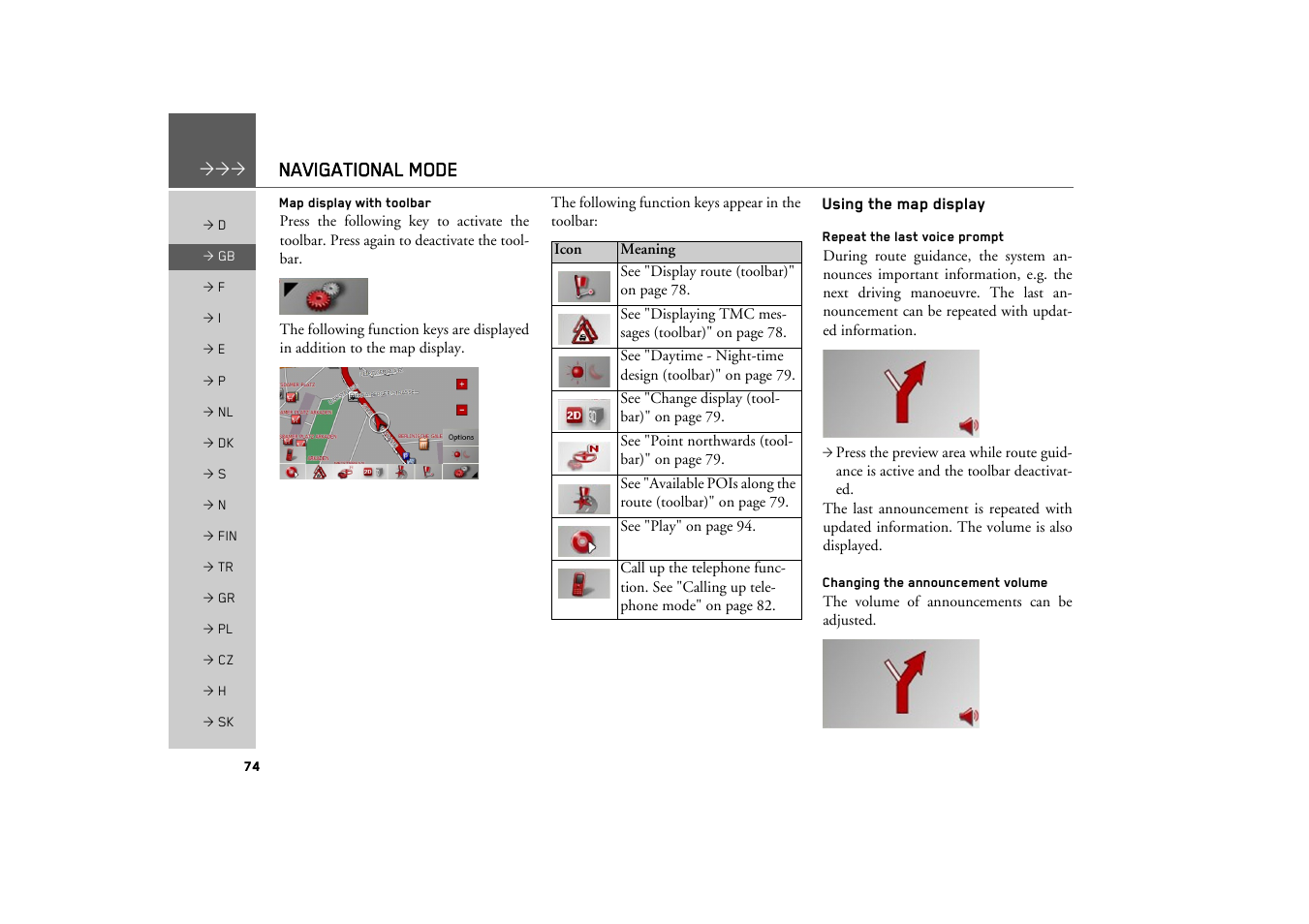 Map display with toolbar, Using the map display, Repeat the last voice prompt | Changing the announcement volume, In the map display, activate the (see also, Navigational mode | Becker TRAFFIC ASSIST Z200 User Manual | Page 74 / 117