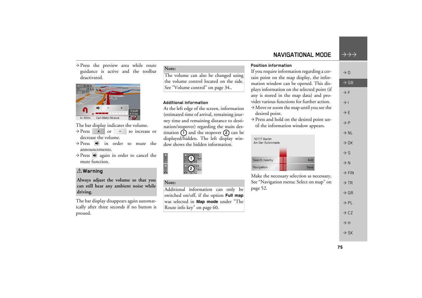 Additional information, Position information, Navigational mode | Becker TRAFFIC ASSIST Z200 User Manual | Page 75 / 117