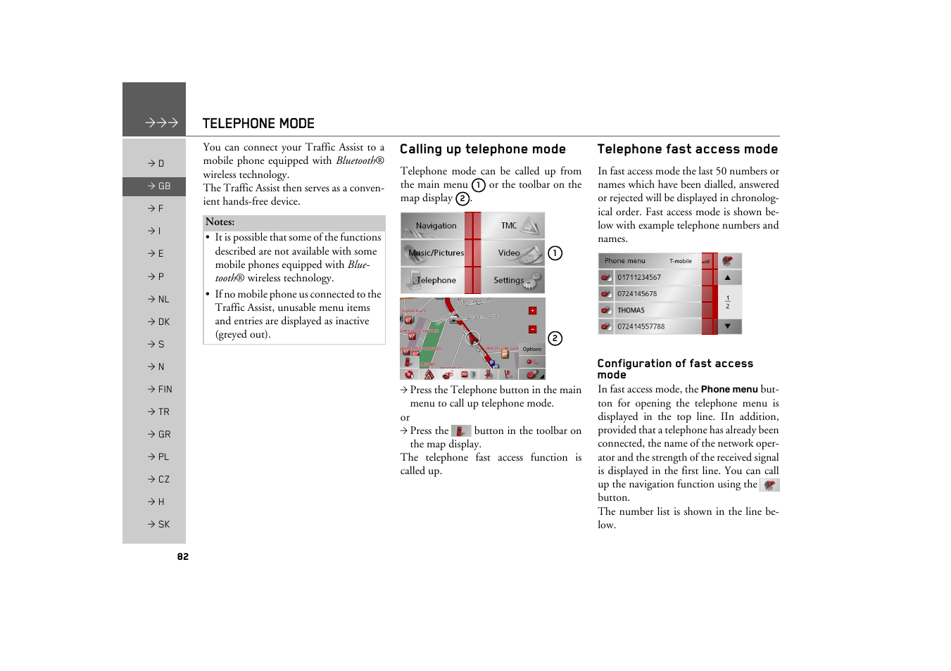 Telephone mode, Calling up telephone mode, Telephone fast access mode | Configuration of fast access mode | Becker TRAFFIC ASSIST Z200 User Manual | Page 82 / 117