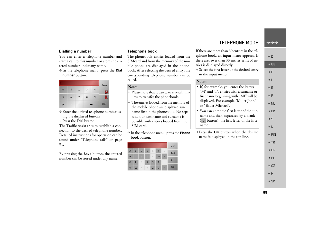 Dialling a number, Telephone book, Telephone mode | Becker TRAFFIC ASSIST Z200 User Manual | Page 85 / 117