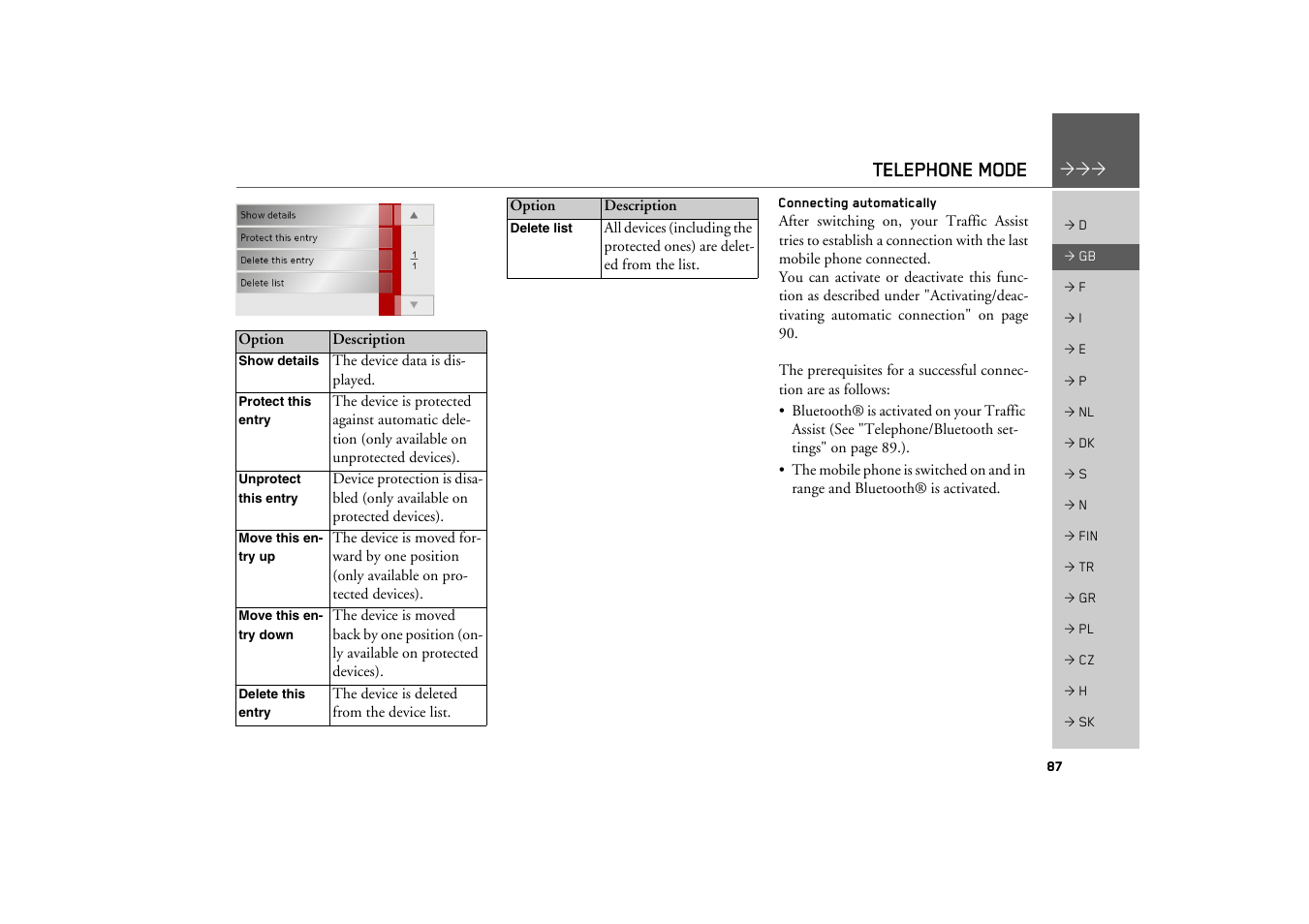 Connecting automatically, Telephone mode | Becker TRAFFIC ASSIST Z200 User Manual | Page 87 / 117