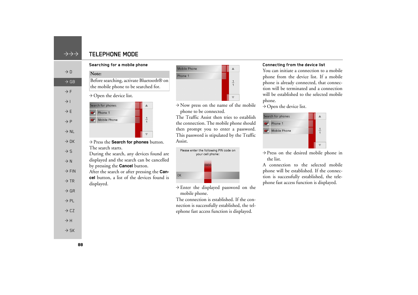 Searching for a mobile phone, Connecting from the device list, Telephone mode | Becker TRAFFIC ASSIST Z200 User Manual | Page 88 / 117