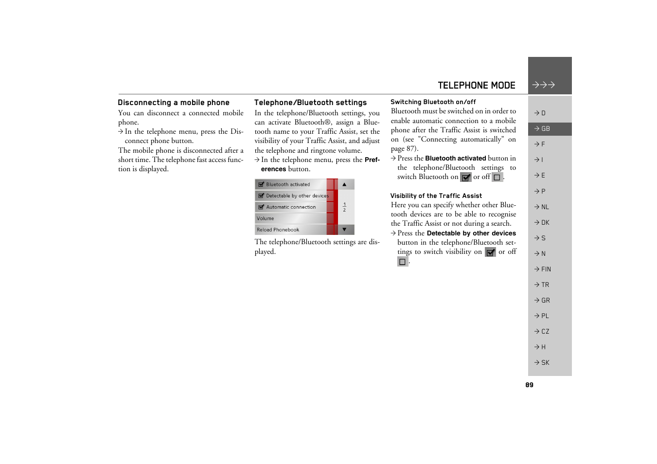 Disconnecting a mobile phone, Telephone/bluetooth settings, Switching bluetooth on/off | Visibility of the traffic assist, Telephone mode | Becker TRAFFIC ASSIST Z200 User Manual | Page 89 / 117