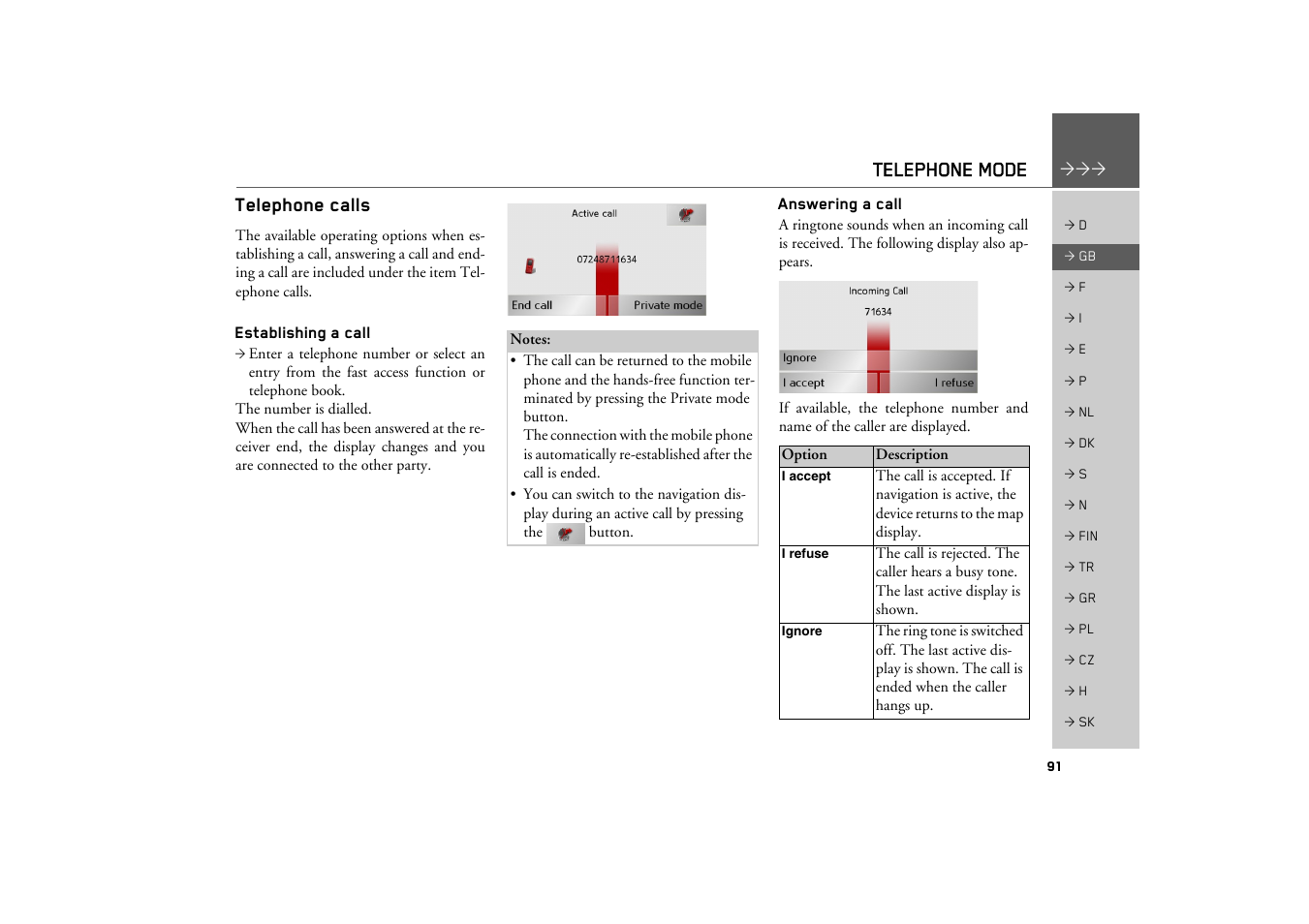 Telephone calls, Establishing a call, Answering a call | Telephone mode | Becker TRAFFIC ASSIST Z200 User Manual | Page 91 / 117