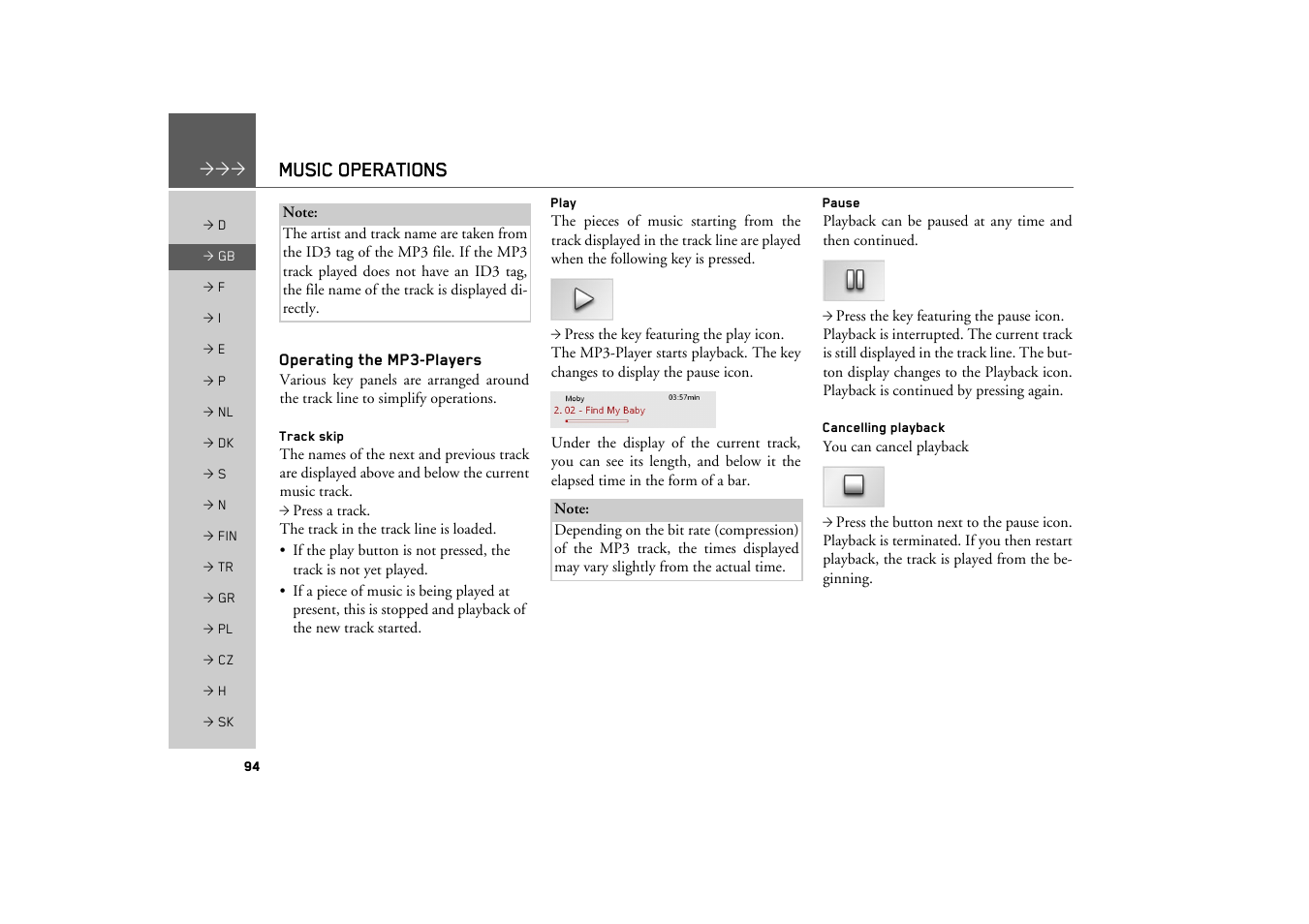 Operating the mp3-players, Track skip, Play | Pause, Cancelling playback, Music operations | Becker TRAFFIC ASSIST Z200 User Manual | Page 94 / 117