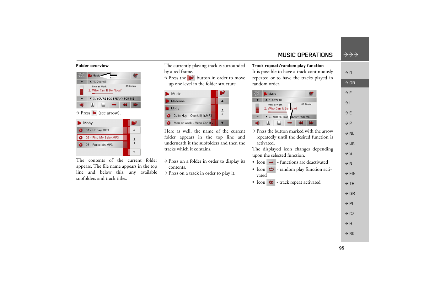 Folder overview, Track repeat/random play function, Music operations | Becker TRAFFIC ASSIST Z200 User Manual | Page 95 / 117