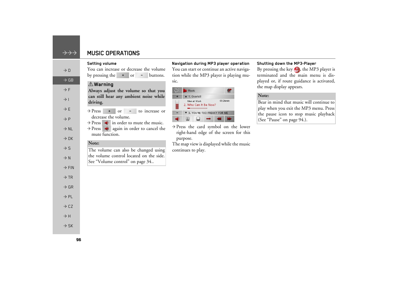 Setting volume, Navigation during mp3 player operation, Shutting down the mp3-player | Music operations | Becker TRAFFIC ASSIST Z200 User Manual | Page 96 / 117