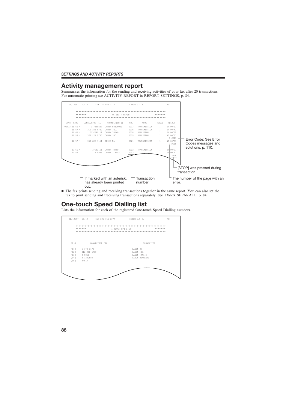 Activity management report, One-touch speed dialling list, Settings and activity reports | Canon B150 User Manual | Page 100 / 138