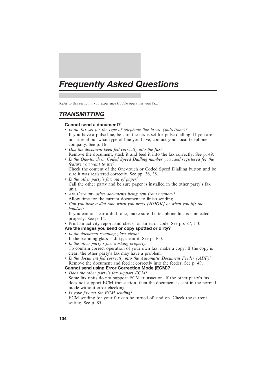 Frequently asked questions, Transmitting | Canon B150 User Manual | Page 116 / 138