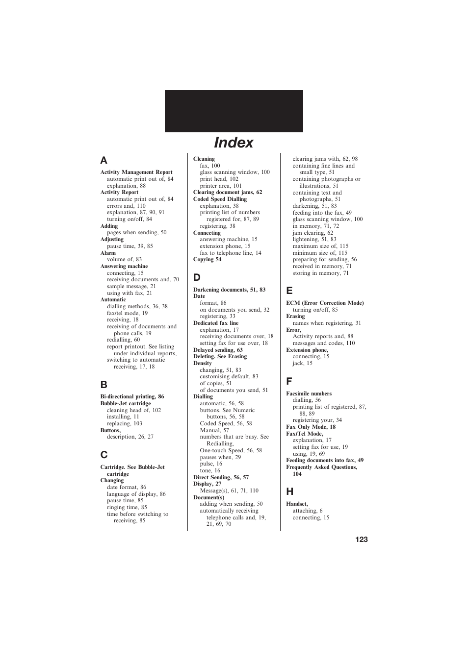 Index | Canon B150 User Manual | Page 135 / 138