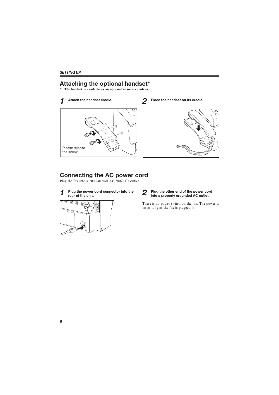 Attaching the optional handset, Connecting the ac power cord | Canon B150 User Manual | Page 18 / 138