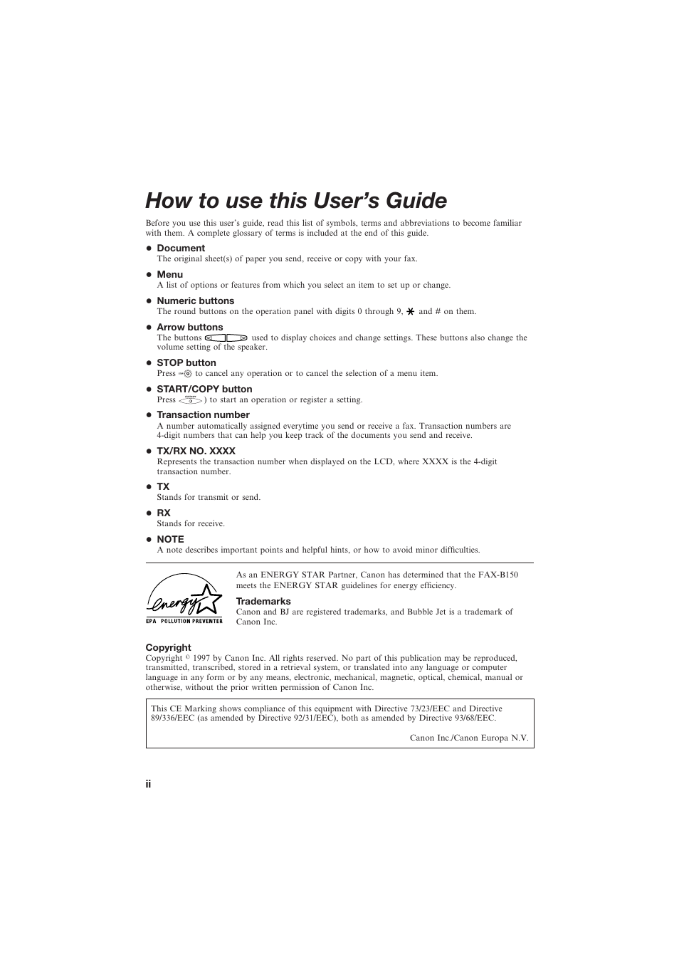 How to use this user’s guide | Canon B150 User Manual | Page 2 / 138